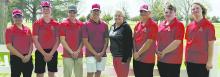 Members of the team this year are (left to right): Colby Beegle, Jaxon Rucker, Jhett Hollenbeck, Aiden Jackman, Coach Julie Mocheel, Carson Koch, David Cook, and Erick Hitchcock.