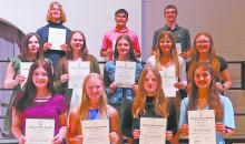 Twelve Ainsworth students were inducted into the National Honor Society. Front row (left to right): Payton Moody, Kiley Orton, Addison Held, and Willa Flynn. Second row: Jaden Lee, Puridy Haley, Londyn Dunbar, Jaylee Good, and Gracyn Painter. Third row: Erick Hitchcock, Christopher Fernandez, and Logan Schroedl.