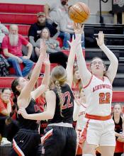 Graycn Painter takes an outside shot against the Anselmo-Merna Lady Coyotes. Painter scored 17 of the Lady Bulldogs 26 points.