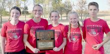 The Ainsworth Girls Cross Country Team won the Class D-3 District Cross Country Meet held at the Ainsworth Municipal Golf Course on Thursday, October 17th. They will compete as a team and Emma Kennedy, Preselyn Goochey and Kiley Orton will compete individually. Also qualifying for the state was Holden Beel, who finished seventh for the Ainsworth Boys Cross Country Team. Qualifying Ainsworth runners are (Left to Right) Payton Moody, Emma Kennedy, Preselyn Goochey, Kiley Orton and Holden Beel.