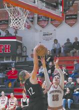 Sandhills/Thedford had a height advantage over the Lady Bulldogs. Willa Flynn found that out when her shot was blocked by Laney Dahlberg.