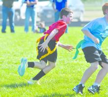 Blake Winters works to get open against a member of the North Central Knights third and fourth grade flag football team. The fifth and sixth grade football team will play on Sunday, September 28, in Valentine, Sunday, October 5, in Ainsworth against Niobrara, and their final game will be Sunday, October 12 in O’Neill. The third and fourth grade flag football teams will play in Bassett on Sunday, October 5.