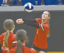 Senior Megan Jones digs a ball during the team’s game against North Central.