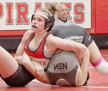 Paisley Hoffman pinned all three of her opponents at the Plainview Invitational on her way to first place in the 105 lb. weight class.