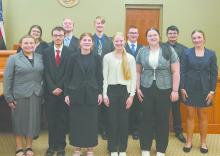 Ainsworth’s mock trial team has qualified for the state event, taking place in Omaha on December 3-4. Members of the team are front row (left - right): Danni Bolli, Ty Bolli, Cassie Cole, Kiley Orton, Miranda Phares, and Addilyn Doke. Back row: Jodie Denny, Erick Hitchcock, Kristofer Hitchcock, William Biltoft, and Colby Beegle.