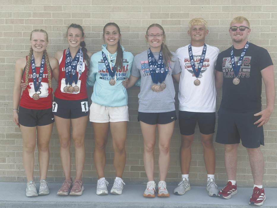 Six Bulldogs returned to Ainsworth with medals from the State Track Meet. The Dawgs who earned hardware were (left - right): Kiley Orton (4x400), Reagan Moody (800, 1600, 3200, 4x400), Willa Flynn (4x400), Gracyn Painter (100, 200, 400, 4x400), Zaine Evans (Pole Vault), and Witten Painter (Discus). See full results on page four.