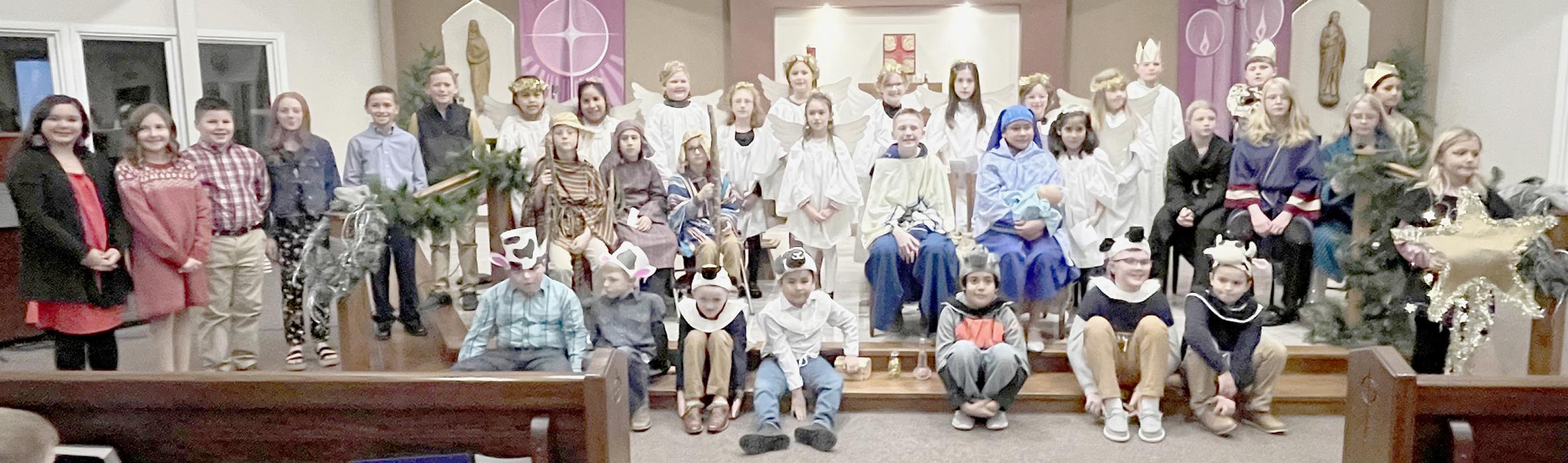 The 1st - 6th grade Confraternity of Christian Doctrine (religious ed program - CCD) presented The Nativity on December 10th at St. Pius X Catholic Church in Ainsworth. Pictured above is the entire cast of those who participated in this year’s event.