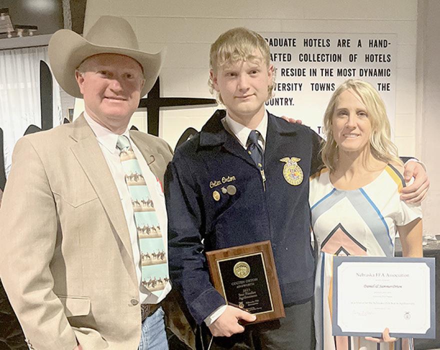 Colten Orten (center) received his State FFA Degree and was State Champion in Forestry Management and Products. He is pictured with is parents Daniels (left) and Summer (right).