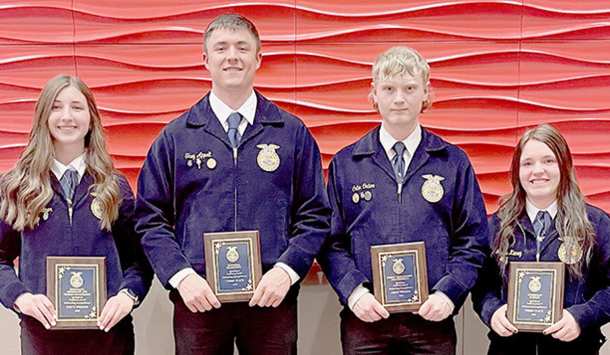 State Proficiency Finalists were (Left to Right) Lauren Ortner - 1st Place in Hospitality, Restaurant and Tourism Management; Trey Appelt - 3rd Place in Outdoor Recreation; Colten Orton - 1st Place in Forest Management and Products; and Gracie Kinnie - 3rd Place in Veterinary Science.