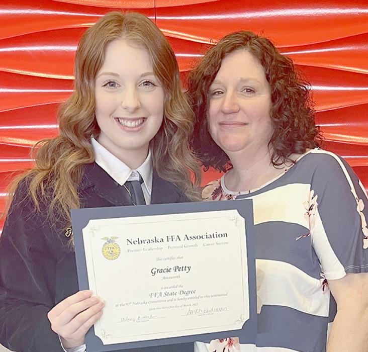 Gracie Petty (left) is pictured with her mother, Jessica Petty (right) after receiving her State FFA Degree.
