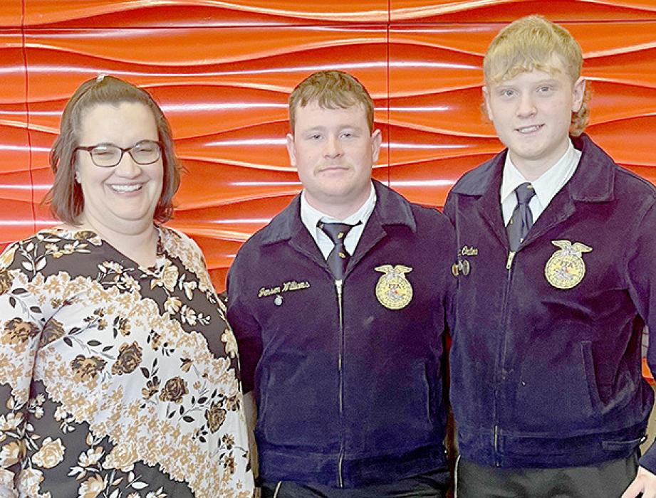 Ainsworth FFA Co-Advisor Rachel Williams (left) with Jensen Williams (center) and Colten Orton, who received their State FFA Degrees.