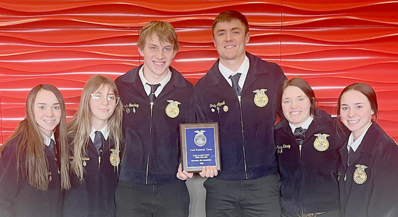The Parliamentary Procedure Team was awarded a gold ranking for their parliamentary demonstration. Parliamentary Procedure Team members were (Left to Right) Tessa Barthel, Makenzy Cheatum, Airyan Goochey, Trey Appelt, Gracie Kinney and Terrin Barthel.
