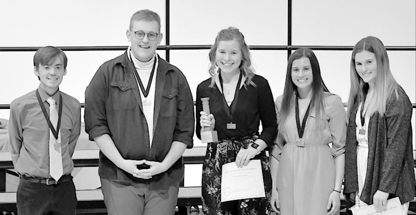 The Ainsworth Mock Trial team qualified for Virtual State Competition in 2021. Receiving their 5th place state medals were team members Brandt Murphy, Cody Kronhofman, Alyssa Erthum, Dakota Stutzman and Elizabeth Smith.