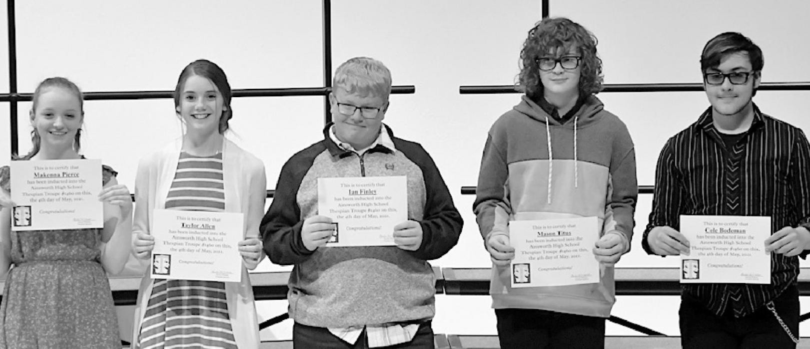 Thespian Initiates included (left to right): Makenna Pierce, Taylor Allen, Ian Finley, Mason Titus and Cole Bodeman.