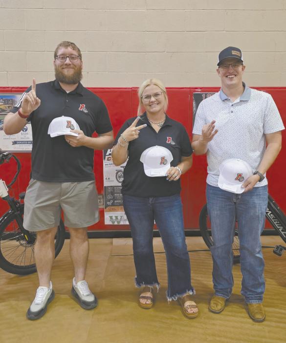 The Ainsworth Bulldog Booster Club held its annual Bulldog Pride at the Ainsworth Community Center. The event consisted of a social hour, steak dinner provided by the Ainsworth Golf Course, a silent auction and auction. The grand prize drawing winners are above (L-R): Nate Fredenburg (two e-bikes), Mattie Dailey (hotel stay and activities) and Lane Johnson (1/4 beef).