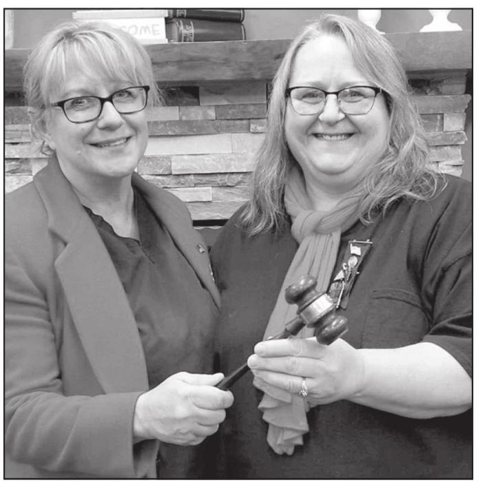 Outgoing District One President Jean Vackiner passed the gavel to incoming District One President Mary Krause at the April 10, 2021 District One Convention.