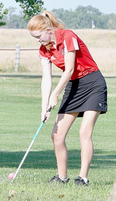 Terra Shoemaker comes out of the rough on Hole 5 during the Ainsworth Invite.