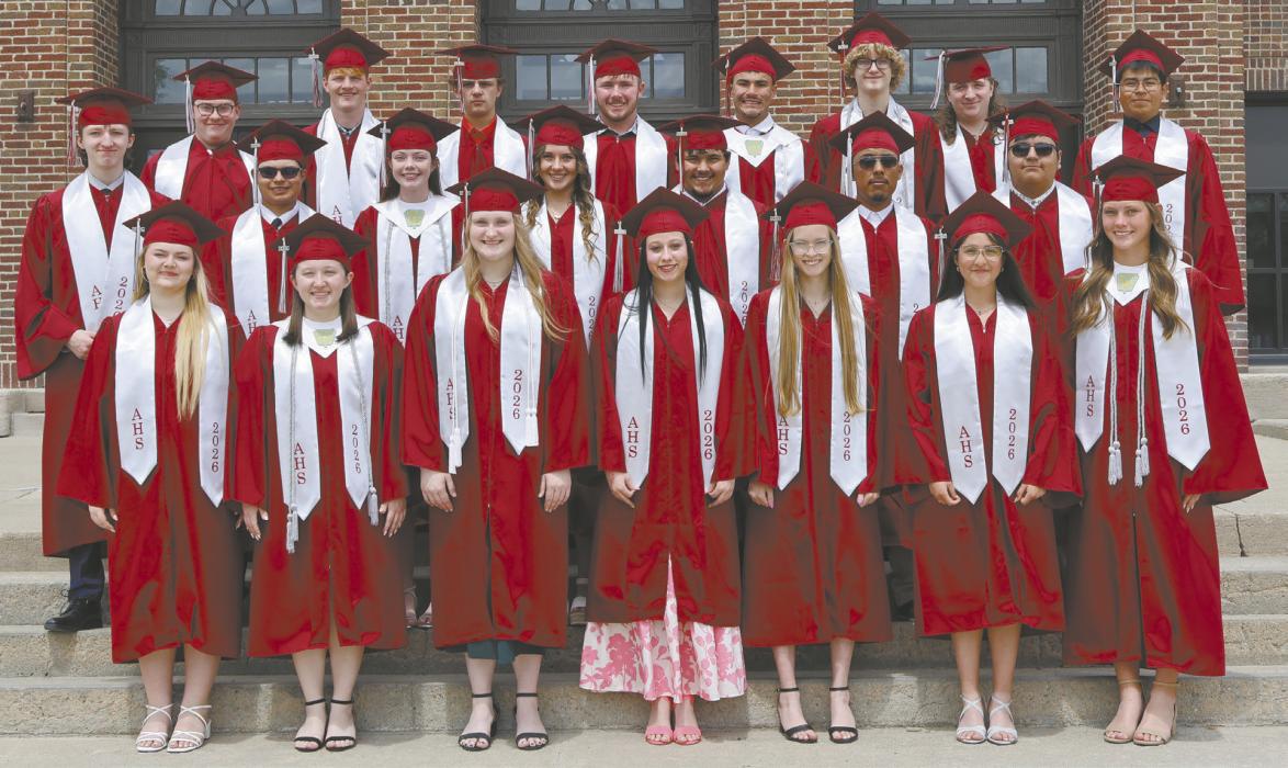 The Ainsworth High School Class of 2026 held its graduation ceremony on Sunday, May 10. Members of the graduating class were first row (left - right): Madison Phares, Adysson Sears, Addah Booth, Christina Fernau, Rowan LeMunyan, Annick Altimirano and Megan Jones. Second row: Brian Eick, Colby Beegle, Payton Moody, Zailey Daniels, Trevor Pike, Adolfo Rojas Salazar and Saul Fernandez Arcipreste Andrade. Third row: William Biltoft, Sam Titus, Kaden Evans, Witten Painter, Christopher Fernandez, Jace Johnson, Ai