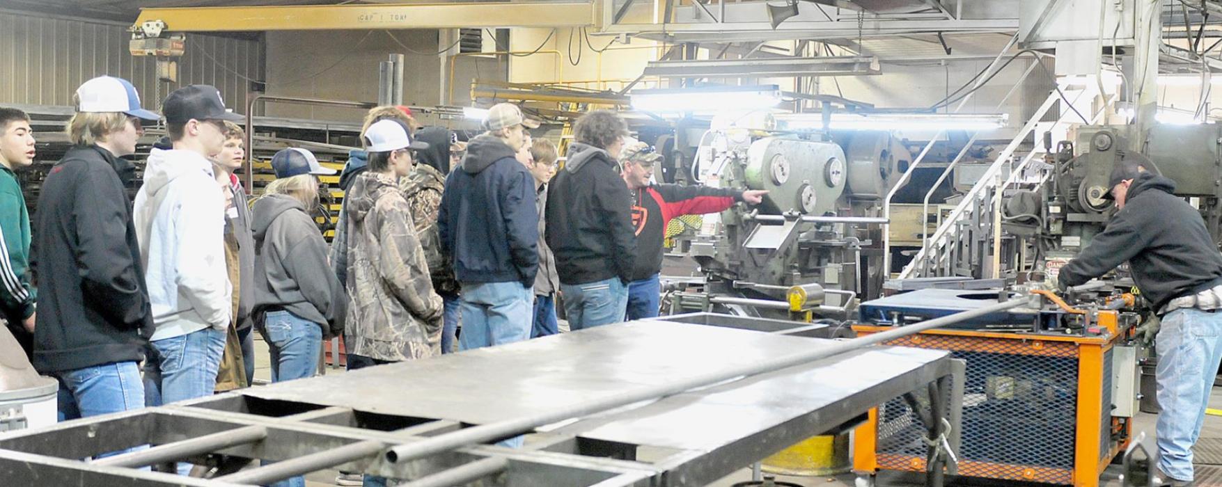 This group of students received a tour of Daniels Manufacturing. Employees provided a visual presentation of the type of work they complete. They also discussed the training and experience required for a career in commercial and industrial manufacturing.