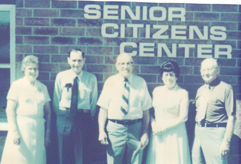 The original Ainsworth Senior Center officers included (L-R): Dorothy Wialton, Wm. (Bill) Gudgel, Dwight Moody, Burdetta Jansen and George H. Brede.