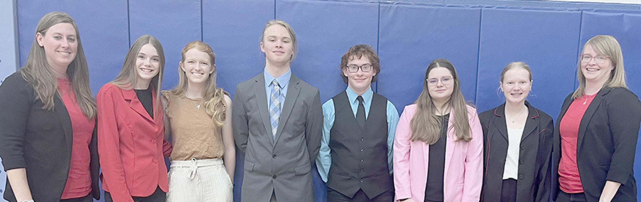 The Ainsworth Speech Team competed in the West Holt Invitational Speech Meet. Ainsworth team members were (Left to Right) Coach Heather Lutter, Taylor Allen, Terra Shoemaker, Erick Hitchcock, William Biltoft, Hannah Beel Kiley Orton and Assistant Coach Tamara Hancock. Not pictured: Brianna Starkey, Preselyn Goochey, Puridy Haley and Willa Flynn.