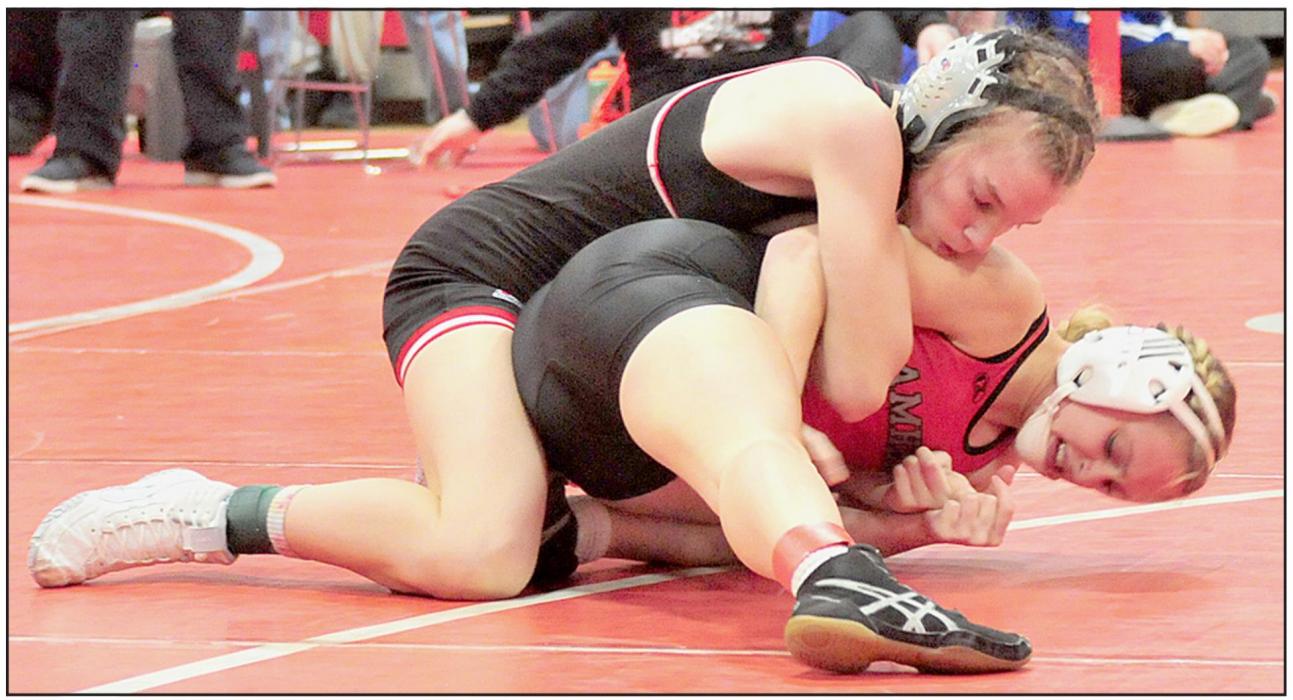 Jolyn Pozehl continued her winning ways by taking first place in the 114 lb. weight class at the Valentine Invitational. Pozehl pinned Michaela Bivainis of Amherst in 2:54 in the Semifinal round and went on to pin Taylee Williamson of Chadron to take the championship.