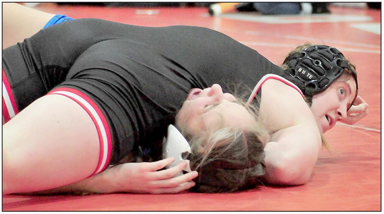 Tatum Nickless took fourth place in the girls 126 lb. weight class at the Valentine Invitational. Nickless won by injury default over Keegan Mehrans of O’Neill. She lost her third place match to Linnea Clemen of Ord to take fourth place in the tournament.