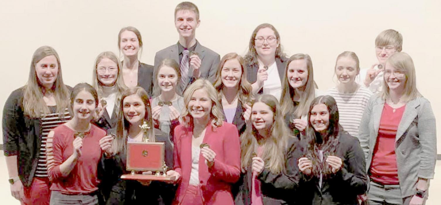 Ainsworth High School Speech Team won their speech invitational on Saturday, February 19th. AHS team members include (Front Row - Left to Right): Maia Flynn, Maren Arens, Alyssa Erthum, Hannah Beel and Dakota Stutzman; (Middle Row - Left to Right): Coach Heather Lutter, Emma Kennedy, Taylor Allen, Eden Raymond, Libby Wilkins and Makenna Pierce and Assistant Coach Tamara Hancock; (Back Row - Left to Right): Haley Schroedl, Ben Flynn, Allison Taylor and Levi Goshorn.