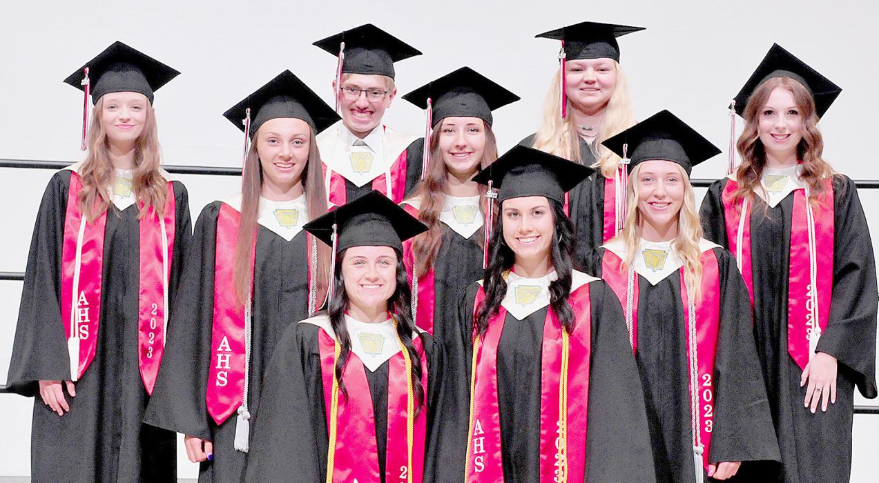 Announced as the top seniors in the AHS Class of 2023 were (Front Row - Left to Right): Summa Cum Laude - GPA of 4.0 - Emma Sears and Dakota Stutzman; (Middle Row - Left to Right); Magna Cum Laude - GPA 3.8-3.999 - Cameryn Goochey, Lauren Ortner and Ally Conroy; (Back Row - Left to Right): Cum Laude - GPA 3.5 - 3.799 - Makenna Pierce, Levi Goshorn, Briley Naprstek and Gracie Petty.