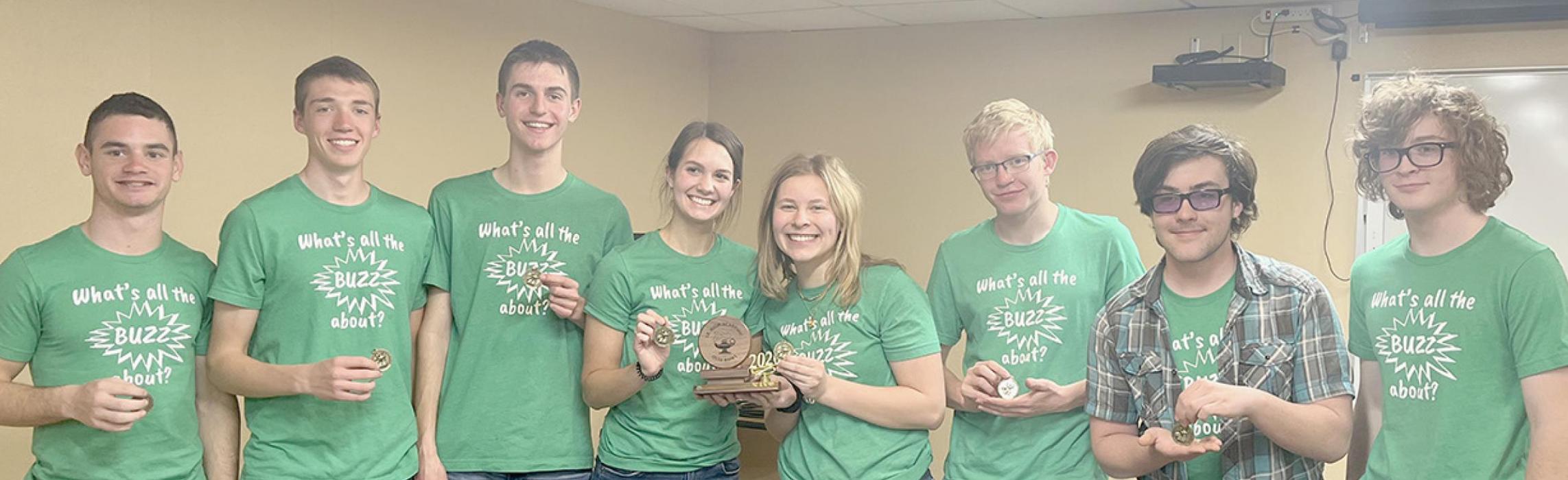 The AHS Quiz Bowl team competed in the State Quiz Bowl in Hastings on April 27th, where they won three and lost two competitions. Prior to their competition at State Bowl, the AHS Quiz Bowl team won the ESU #17 Quiz Bowl, at which the team is pictured above. Teammates pictured are (Left to Right): Caleb Allen, Ty Schlueter, Ben Flynn, Haley Schroedl, Alyssa Erthum, Ben Barrow, Cole Bodeman, and Mason Titus. Not pictured are Libby Wilkins and Ian Finley, who also competed at State Quiz Bowl.