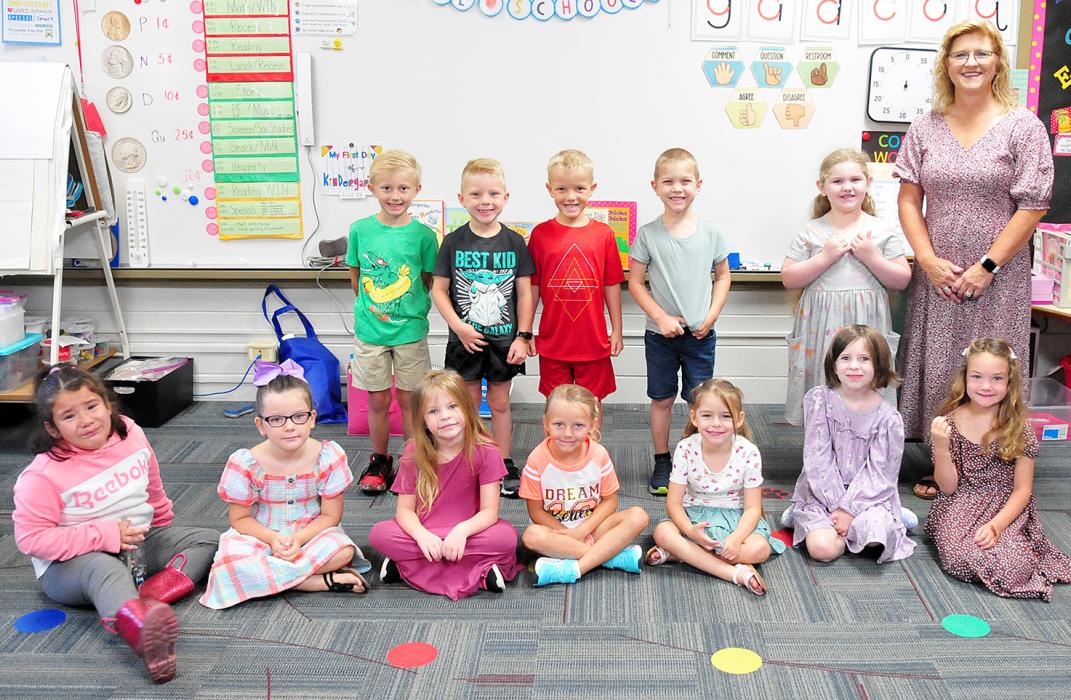 Mrs. Caren Fernau welcomed her Kindergarten Class of 2035 students into her classroom on Friday, August 12, 2022. Her students this year include: (Front Row - Left to Right): Elena Huerta Vicenttin, Mishayla Palmer, Joslin Coleman, Summer Holloway, Luna Schroeder, Emmy Johnson and Jaiden Lehn; (Back Row - Left to Right): Karsyn Zwiebel, Brayden Arens, Dax Painter, Hunter Lurz, Sophia Gillbert and Mrs. Fernau.