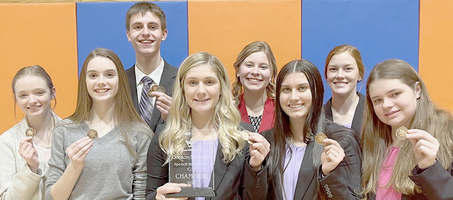 The Ainsworth Speech Team took first place at the Gordon-Rushville Invitational Speech Contest. Medaling for Ainsworth were (Back Row - Left to Right): Makenna Pierce, Ben Flynn, Alyssa Erthum and Eden Raymond; (Front Row - Left to Right): Taylor Allen, Maren Arens, Dakota Stutzman and Hannah Beel.