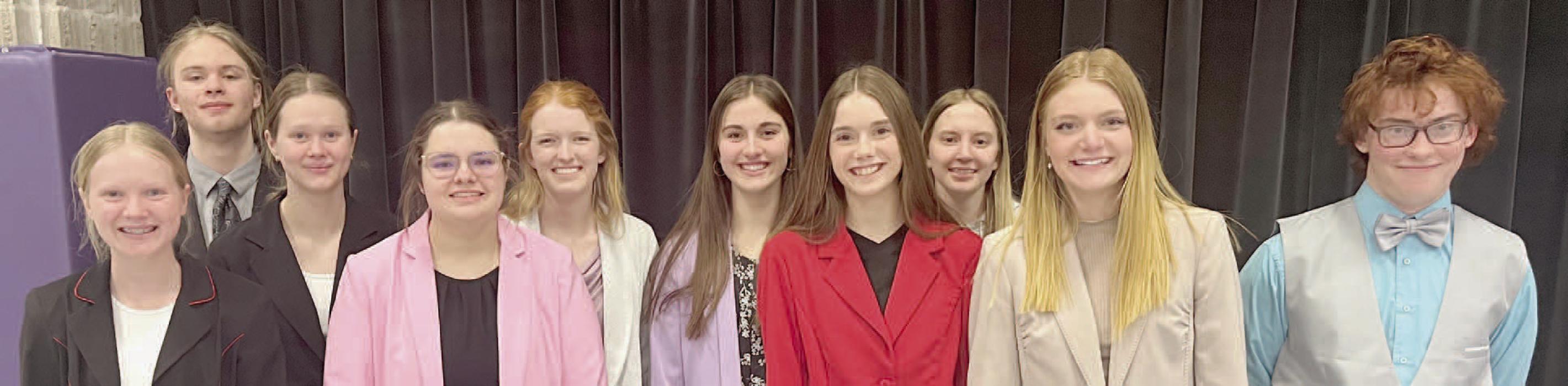 Ainsworth Speech Team Members competing at Districts were (Left to Right): Kiley Orton, Erick Hitchcock, Puridy Haley, Hannah Beel, Terra Shoemaker, Willa Flynn, Taylor Allen, Preselyn Goochey, Brianna Starkey, and William Biltoft.