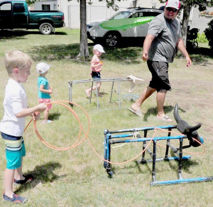 Leo Nielsen had the perfect throw as he roped the plastic steer head.