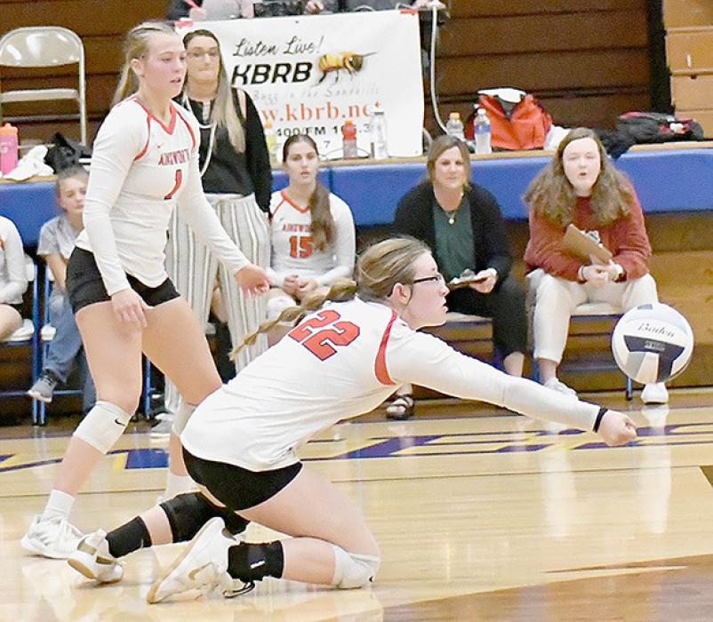 Gracyn Painter digs the ball against Valentine in first round action of C2-10 Subdistricts