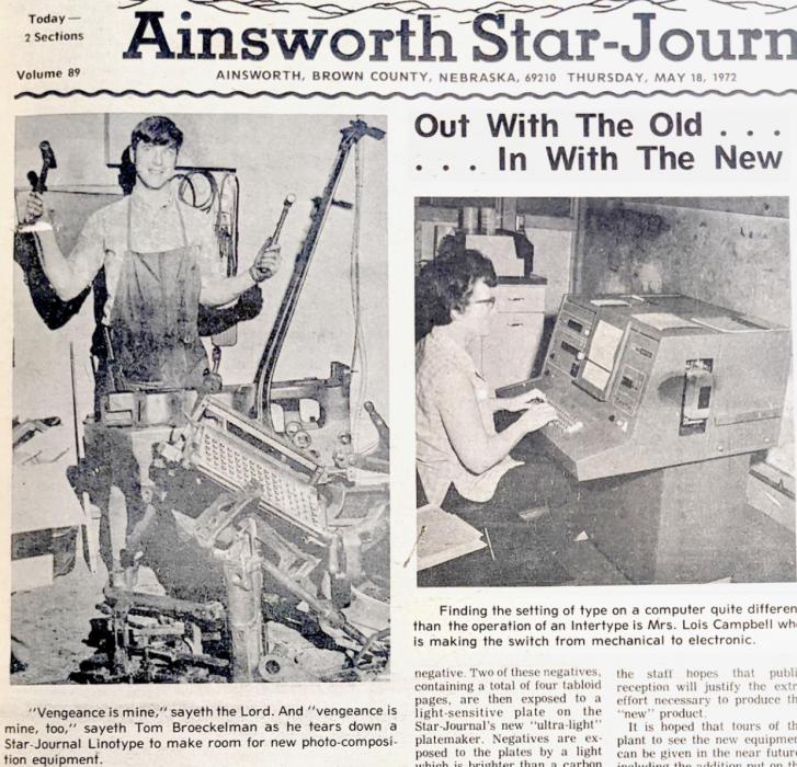 50 years ago, the Ainsworth Star-Journal discarded its mechanical typesetting machines, the Linotype and Intertype, and purchased two photo-composition computers.