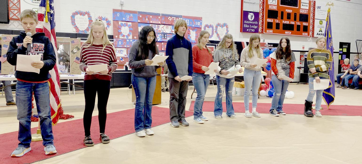 Adopt-A-Veteran Program was presented by the Ainsworth Middle School 8th Grade Social Studies Classes. This year’s Adopted Veteran was Frank Williams. Mr. William’s essay by the students, can be found on this week’s front page.