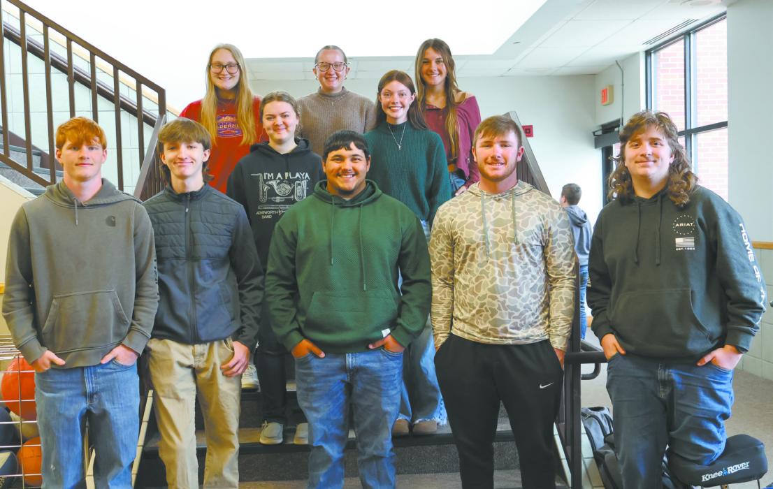 Ainsworth High School juniors and seniors voted for the senior prom candidates. The candidates for the 2025-26 school year are pictured above. Front row (left - right): Sam Titus, Brian Eick, Trevor Pike, Witten Painter, and Aiden Rowley. Second row: Madison Phares and Payton Moody. Back row: Addah Booth, Addison Sears, and Zaily Daniels. Photo Courtesy of Juli Murphy