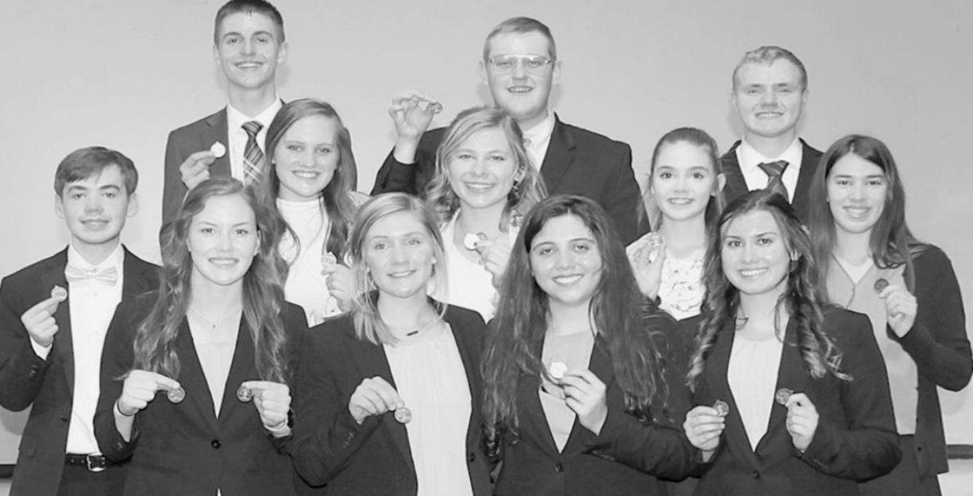 Ainsworth Speech Team members medaling in the C1-6 District Speech competition were: (Front Row - Left to Right): Eden Raymond, Maren Arens, Josie Ganser and Dakota Stutzman; (Middle Row - Left to Right): Brandt Murphy, Libby Wilkins, Alyssa Erthum, Taylor Allen and Katherine Kerrigan; (Back Row - Left to Right): Ben Flynn, Cody Kronhofman and Logan Hafer.