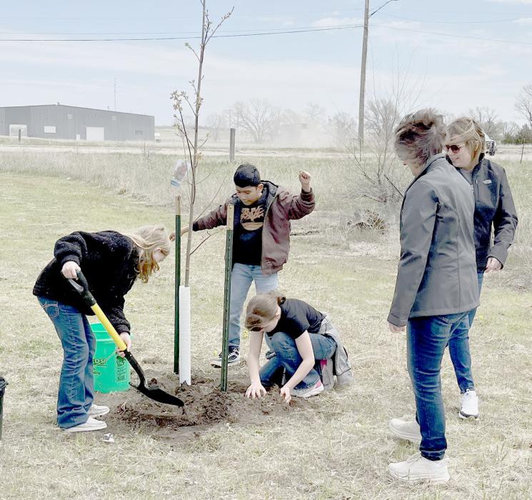 Ten trees were planted on the Cowboy Trail by Long Pine on Wednesday, April 24th with the help of fourth graders from Ainsworth Elementary School and Bassett Grade School. Members of NPPD helped the students plant the trees and learned about power line safety, digging safety, and tree planting tips. The remaining five trees will be planted by the City of Long Pine.