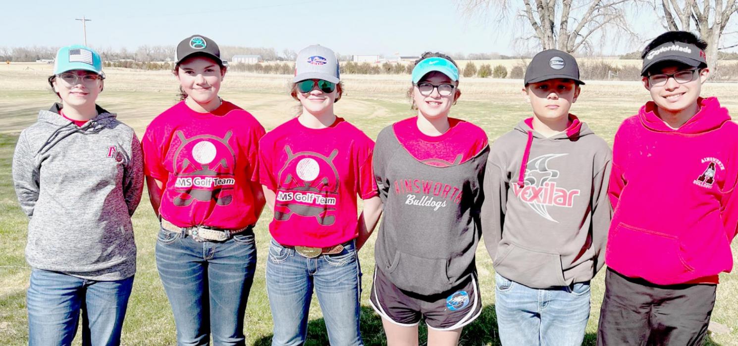 The first Ainsworth Middle School Golf Team includes (Left to Right): Madison Palmer, Braylin Rudnick, Londyn Dunbar, Jodie Denny, Kaden Evans and Colby Beegle (not pictured: Braeyden Ziemba and Ryan Happold).