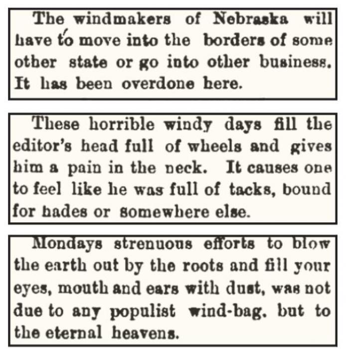 These comments about high Nebraska winds were published on the front page of an 1894 edition of the Ainsworth Star-Journal.