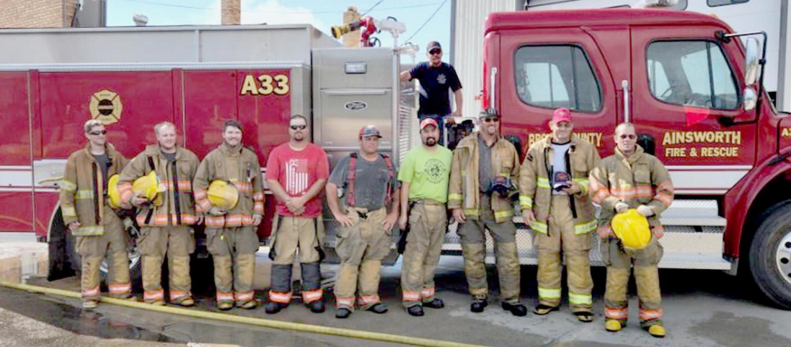 Firemen from Ainsworth participating in the water fights were (left to right): Joel Carpenter, Ben Wright, Justin Keller, Cameron Koch, Brandon Evans, Heath Rudnick, Chandler Larsen, Terry Horky and BJ Nilson.