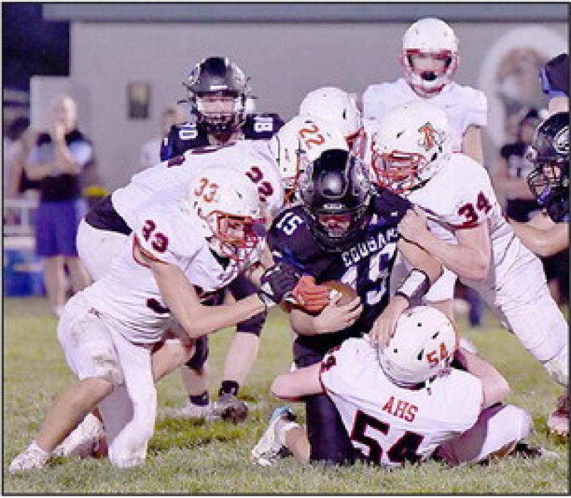 Witten Painter, #54, made the initial stop and was soon joined by four other Bulldogs in tackling Cash Wickersham for a loss. The Dawgs held Niobrara-Verdigre to a minus 40 yards in rushing.