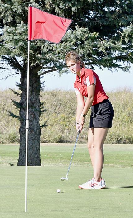 Haley Schroedl putts on Hole #5. Schroedl had a personal low score of 54 for 11th place.