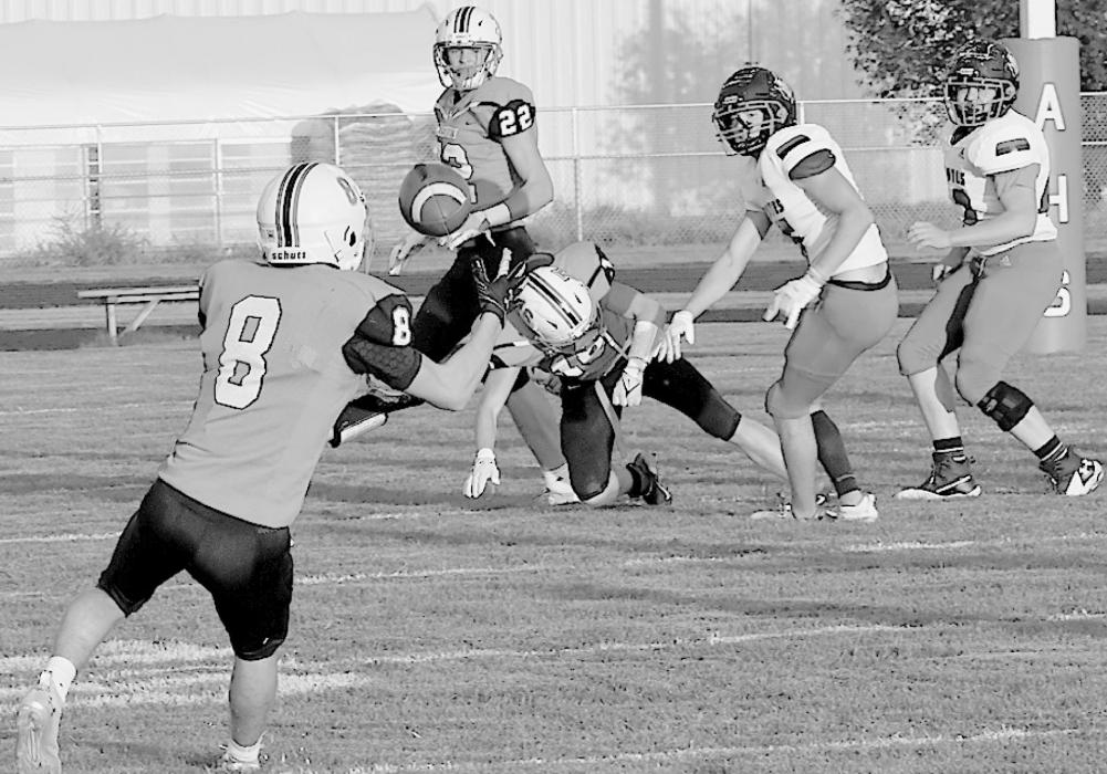 Traegan McNally catches a pass from Carter Nelson in the first quarter for a short gain against the Anselmo-Merna Coyotes.