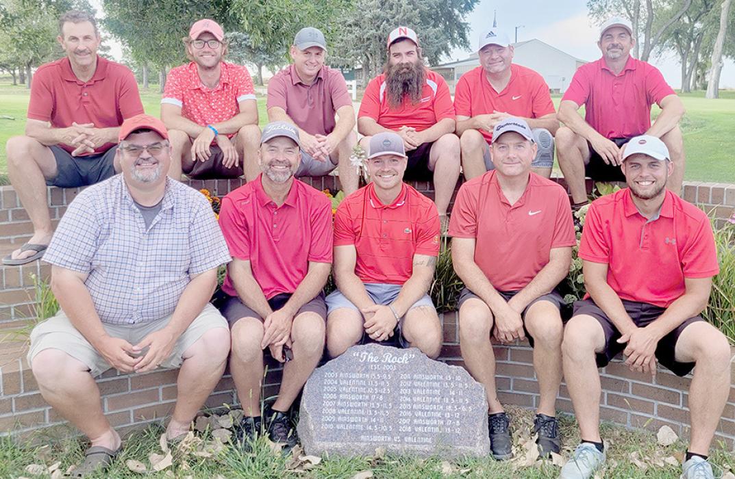The Ainsworth Rolling Rock Team defeated Valentine 18 1/2 to 6 1/2 to win its fifth straight Rolling Rock competition. The event started in 2003, alternates between each Ainsworth and Valentine golf courses. This year was held in Ainsworth. Ainsworth Rolling Rock Team members were (Back Row Left to Right) Doug Weiss, Landon Welke, Brett Knoetzel, Robert Magill, Tony Allen, Cody Goochey; (Front Row Left to Right) Graig Kinzie, Kevin Martin, Nick Martin, Terry Allen and Kyle Jackman.