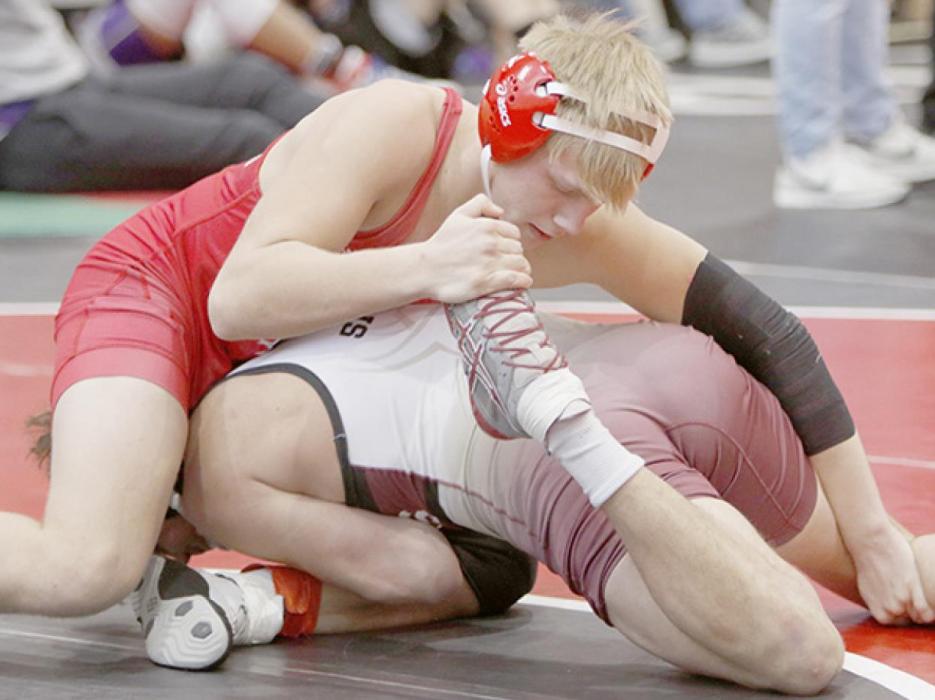 Landon Holloway wrestled in the 152 lb. weight class during the Southwest Conference Tournament in Ainsworth.