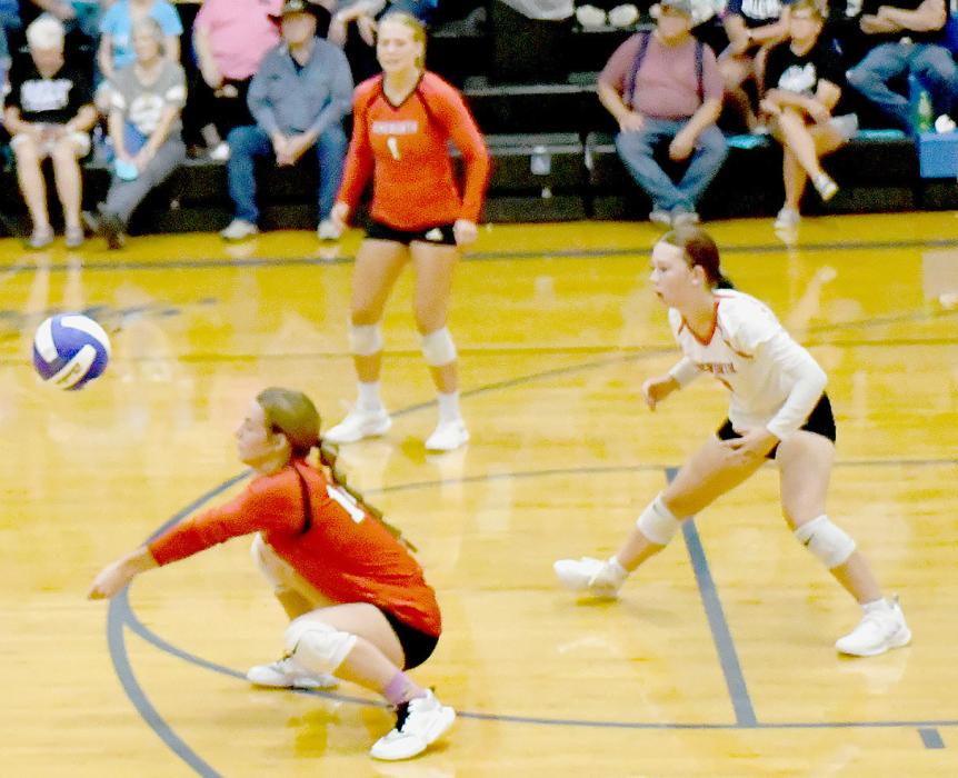 Receiving the ball for the Bulldogs was Cheyan Temple. Teammates Breanna Fernau and Kendyl Delimont are ready to step in if needed.