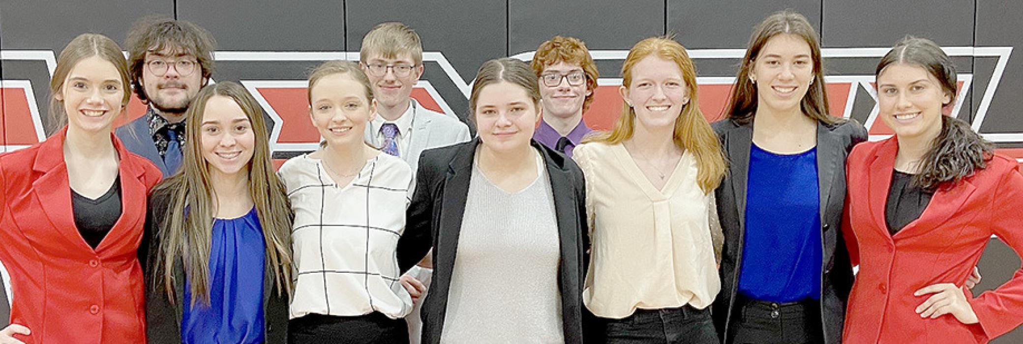 The Ainsworth High School Speech Team participated in the Broken Bow Speech Invitational. Participating were (Back Row - Left to Right): Cole Bodeman, Levi Goshorn and William Biltoft; (Front Row - Left to Right): Taylor Allen, Tessa Barthel, Makenna Pierce, Hannah Beel, Terra Shoemaker, Katherine Kerrigan and Dakota Stutzman.